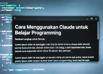 Ilustrasi proses belajar programming dengan Claude AI sebagai mentor, menampilkan penjelasan konsep kode secara interaktif dan tampilan latihan coding