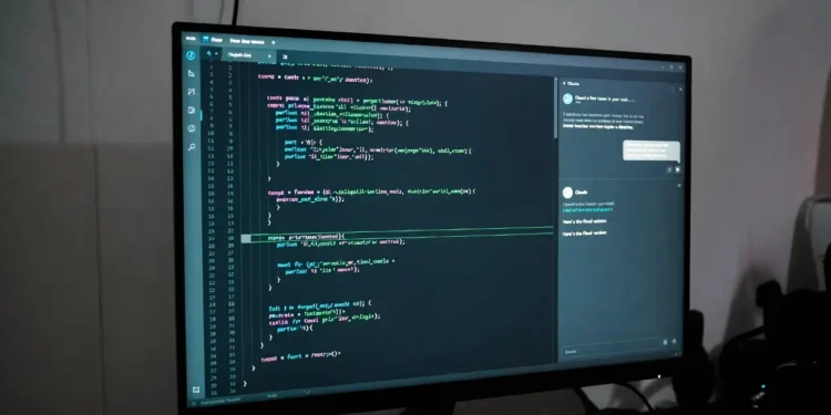Ilustrasi proses debugging kode dengan bantuan Claude AI, menampilkan error yang terdeteksi dan solusi yang diberikan AI secara langsung di editor