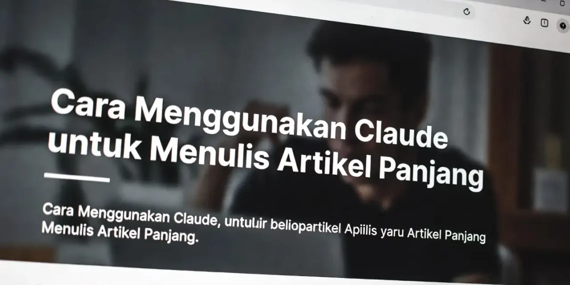 Ilustrasi proses penulisan artikel panjang dengan Claude AI, menampilkan outline terstruktur, teks yang berkembang, dan antarmuka AI yang membantu menjaga konsistensi