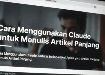Ilustrasi proses penulisan artikel panjang dengan Claude AI, menampilkan outline terstruktur, teks yang berkembang, dan antarmuka AI yang membantu menjaga konsistensi