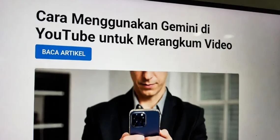 Ilustrasi penggunaan Gemini AI di YouTube dengan tampilan antarmuka merangkum video secara otomatis menggunakan kecerdasan buatan Google