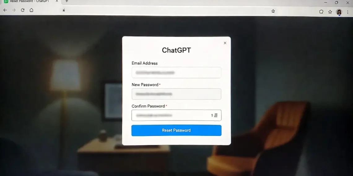 Ilustrasi proses reset password akun ChatGPT dengan tampilan halaman lupa password, form email, dan langkah verifikasi untuk mengakses kembali akun