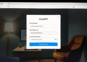 Ilustrasi proses reset password akun ChatGPT dengan tampilan halaman lupa password, form email, dan langkah verifikasi untuk mengakses kembali akun