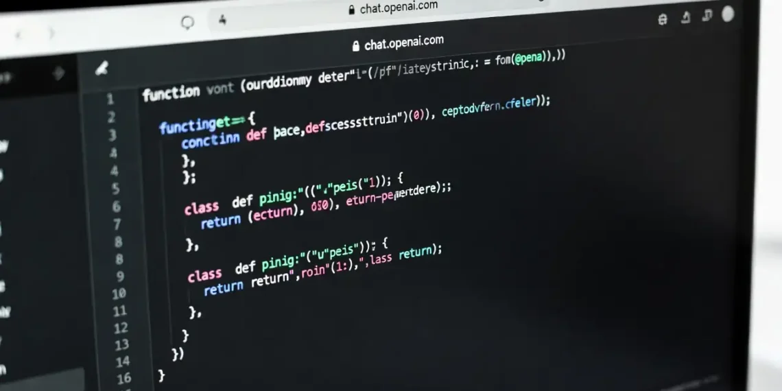 Ilustrasi proses code review menggunakan ChatGPT dengan tampilan kode yang dianalisis AI, komentar perbaikan yang diberikan, dan saran optimasi yang terstruktur