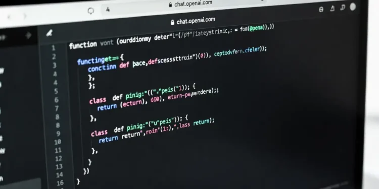 Ilustrasi proses code review menggunakan ChatGPT dengan tampilan kode yang dianalisis AI, komentar perbaikan yang diberikan, dan saran optimasi yang terstruktur
