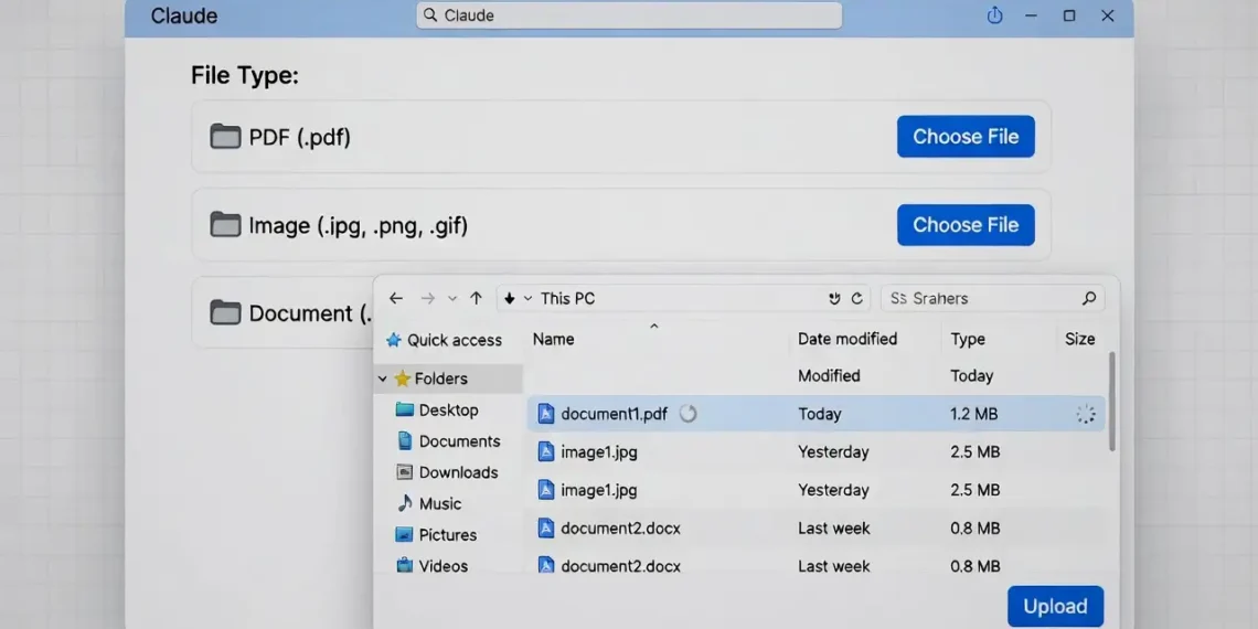Ilustrasi proses upload berbagai jenis file ke Claude AI termasuk PDF, gambar, dan dokumen Word dengan tampilan antarmuka analisis file yang interaktif