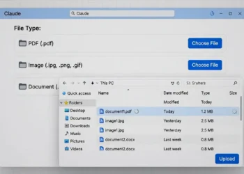 Ilustrasi proses upload berbagai jenis file ke Claude AI termasuk PDF, gambar, dan dokumen Word dengan tampilan antarmuka analisis file yang interaktif