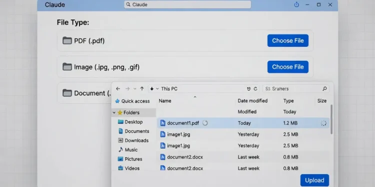 Ilustrasi proses upload berbagai jenis file ke Claude AI termasuk PDF, gambar, dan dokumen Word dengan tampilan antarmuka analisis file yang interaktif