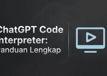 Ilustrasi fitur Code Interpreter ChatGPT dengan tampilan eksekusi kode langsung di chat, grafik hasil analisis data, dan output visual yang dihasilkan AI secara real-time