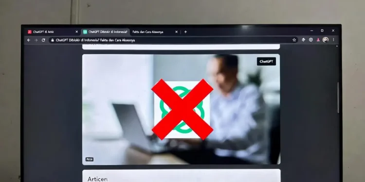 Ilustrasi akses ChatGPT di Indonesia dengan tampilan peta Indonesia, status akses layanan, dan solusi untuk menggunakan ChatGPT tanpa hambatan
