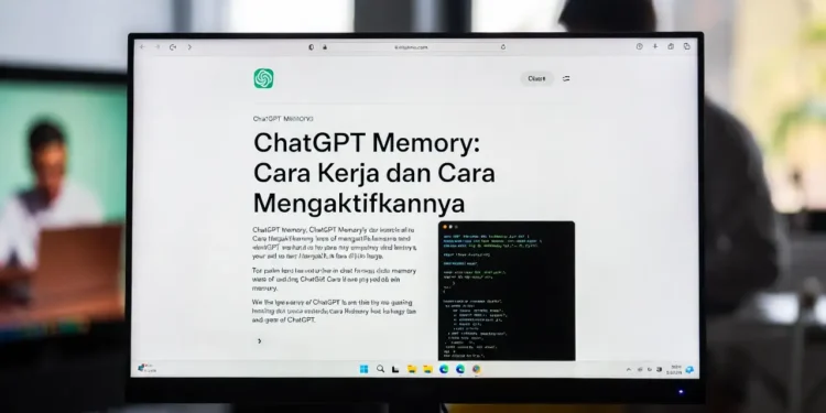 Ilustrasi fitur Memory ChatGPT dengan tampilan otak AI yang menyimpan informasi pengguna dan antarmuka pengaturan memori yang bisa dikustomisasi