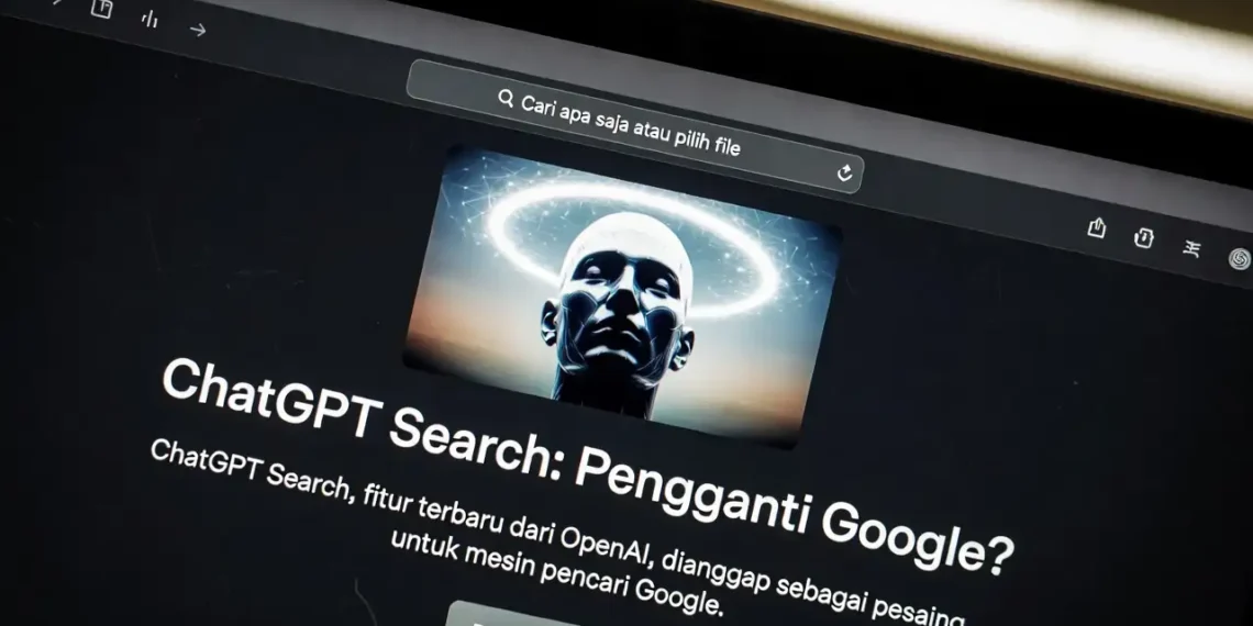 Ilustrasi perbandingan ChatGPT Search dengan Google Search, menampilkan hasil pencarian dari keduanya secara berdampingan untuk menunjukkan perbedaan pendekatan