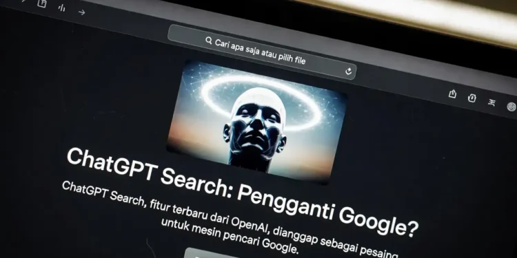 Ilustrasi perbandingan ChatGPT Search dengan Google Search, menampilkan hasil pencarian dari keduanya secara berdampingan untuk menunjukkan perbedaan pendekatan