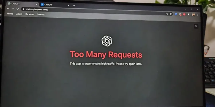 Ilustrasi pesan error Too Many Requests di ChatGPT dengan tampilan layar yang menunjukkan notifikasi batas penggunaan dan cara mengatasinya