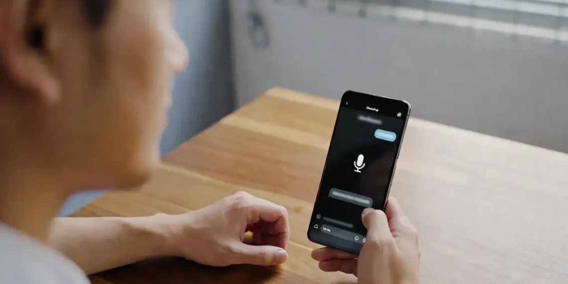 Ilustrasi fitur Voice Mode ChatGPT dengan tampilan gelombang suara, antarmuka percakapan real-time, dan visual interaksi suara antara pengguna dan AI