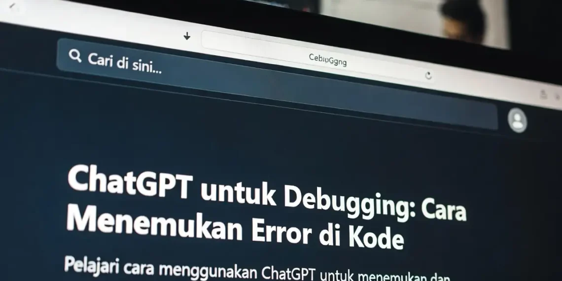 Ilustrasi proses debugging kode dengan bantuan ChatGPT, menampilkan error yang terdeteksi AI dengan highlight merah dan solusi perbaikan yang diberikan secara langsung