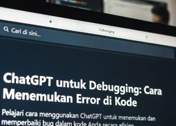 Ilustrasi proses debugging kode dengan bantuan ChatGPT, menampilkan error yang terdeteksi AI dengan highlight merah dan solusi perbaikan yang diberikan secara langsung