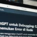 Ilustrasi proses debugging kode dengan bantuan ChatGPT, menampilkan error yang terdeteksi AI dengan highlight merah dan solusi perbaikan yang diberikan secara langsung