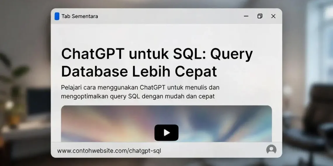 Ilustrasi penggunaan ChatGPT untuk membuat query SQL dengan tampilan database, perintah SQL yang dihasilkan AI, dan hasil query yang akurat dari tabel data