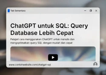 Ilustrasi penggunaan ChatGPT untuk membuat query SQL dengan tampilan database, perintah SQL yang dihasilkan AI, dan hasil query yang akurat dari tabel data