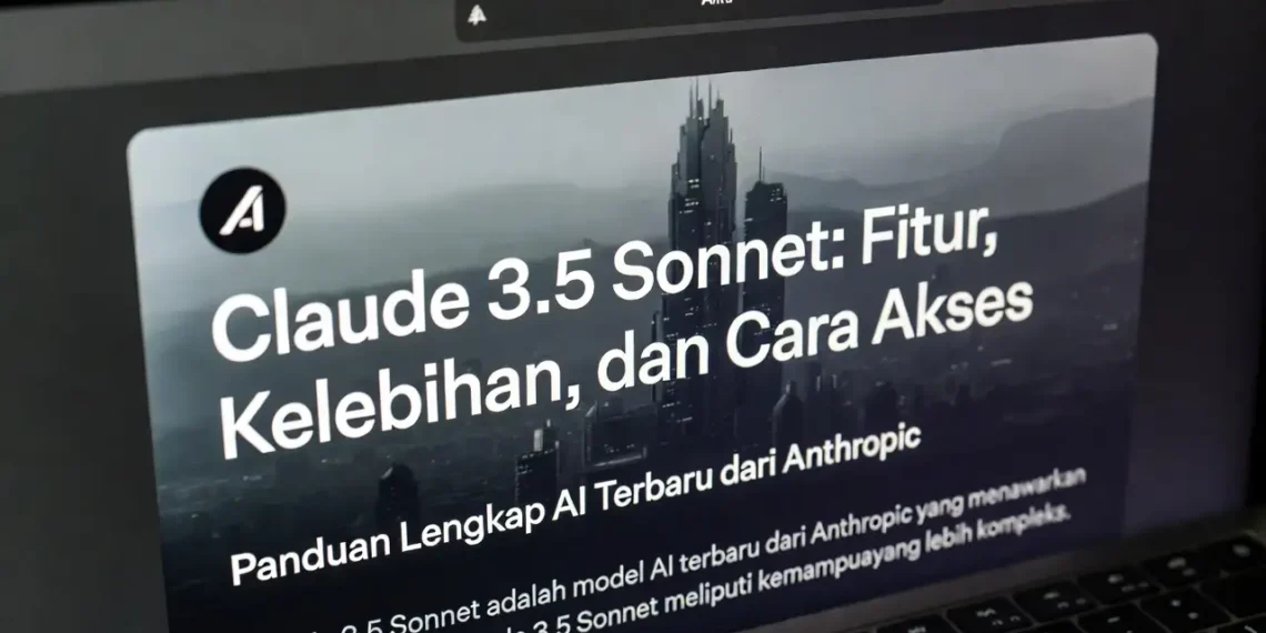 Ilustrasi model Claude 3.5 Sonnet dengan infografis fitur unggulan, grafik performa dibanding model sebelumnya, dan cara akses yang tersedia untuk pengguna