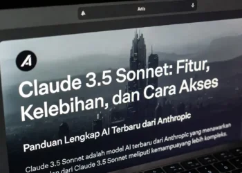 Ilustrasi model Claude 3.5 Sonnet dengan infografis fitur unggulan, grafik performa dibanding model sebelumnya, dan cara akses yang tersedia untuk pengguna