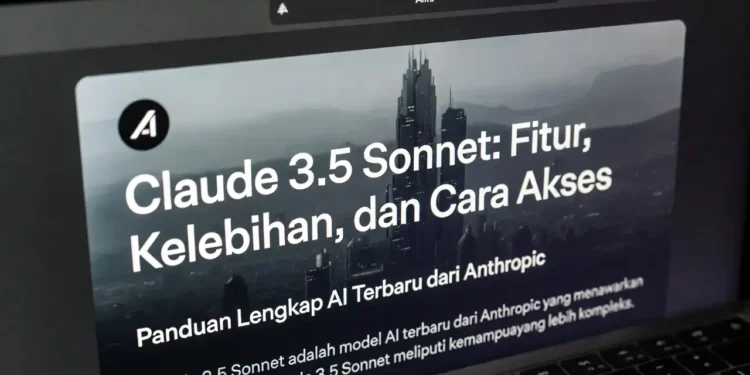 Ilustrasi model Claude 3.5 Sonnet dengan infografis fitur unggulan, grafik performa dibanding model sebelumnya, dan cara akses yang tersedia untuk pengguna
