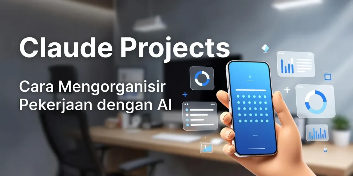 Ilustrasi fitur Claude Projects dengan tampilan folder proyek yang terorganisir, konteks yang tersimpan, dan antarmuka manajemen pekerjaan berbasis AI