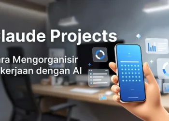 Ilustrasi fitur Claude Projects dengan tampilan folder proyek yang terorganisir, konteks yang tersimpan, dan antarmuka manajemen pekerjaan berbasis AI