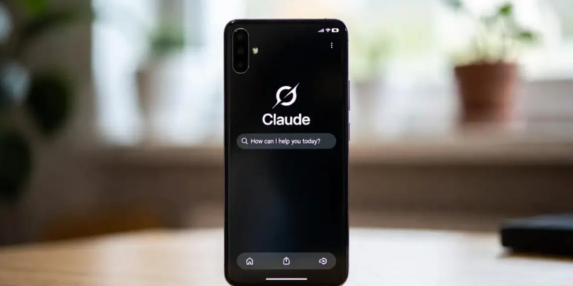 Ilustrasi tampilan aplikasi resmi Claude di smartphone Android dan iPhone secara berdampingan dengan antarmuka chat yang bersih dan fitur mobile yang tersedia