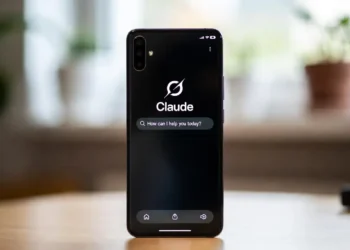 Ilustrasi tampilan aplikasi resmi Claude di smartphone Android dan iPhone secara berdampingan dengan antarmuka chat yang bersih dan fitur mobile yang tersedia