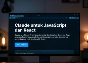 Ilustrasi penggunaan Claude AI untuk pengembangan JavaScript dan React dengan tampilan komponen React, kode JavaScript, dan antarmuka AI yang membantu proses development