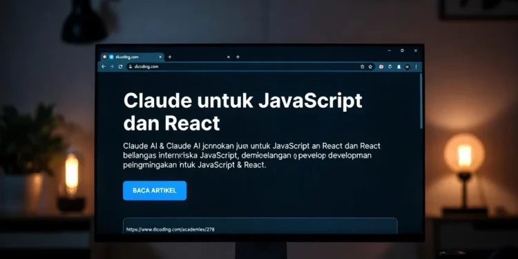 Ilustrasi penggunaan Claude AI untuk pengembangan JavaScript dan React dengan tampilan komponen React, kode JavaScript, dan antarmuka AI yang membantu proses development