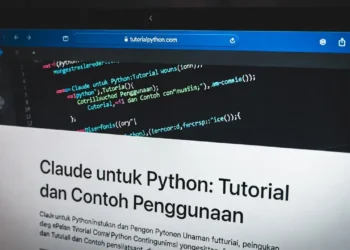 Ilustrasi penggunaan Claude AI untuk coding Python dengan tampilan skrip Python, output terminal, dan antarmuka chat AI yang membantu menulis dan menjelaskan kode