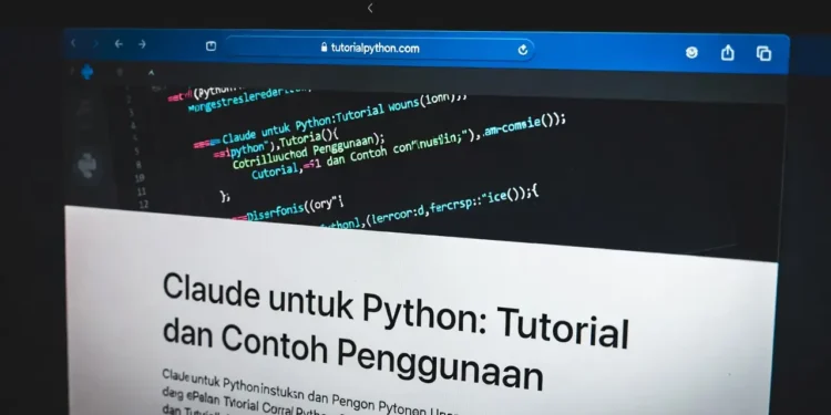 Ilustrasi penggunaan Claude AI untuk coding Python dengan tampilan skrip Python, output terminal, dan antarmuka chat AI yang membantu menulis dan menjelaskan kode