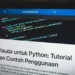 Ilustrasi penggunaan Claude AI untuk coding Python dengan tampilan skrip Python, output terminal, dan antarmuka chat AI yang membantu menulis dan menjelaskan kode