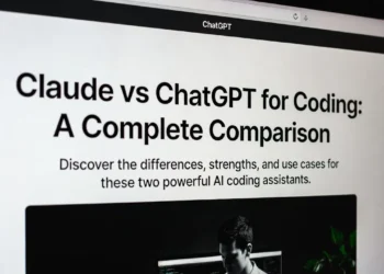 Ilustrasi pertarungan Claude vs ChatGPT dalam arena coding dengan tampilan perbandingan kualitas kode yang dihasilkan keduanya secara head-to-head