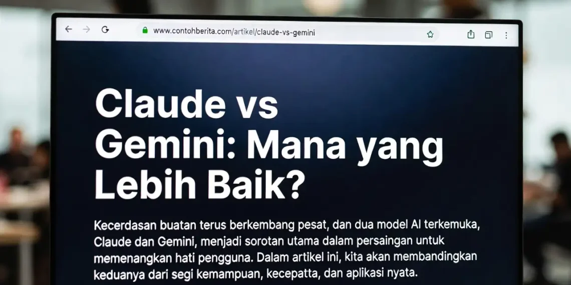 Ilustrasi perbandingan head-to-head Claude dan Gemini dengan diagram radar kemampuan masing-masing AI dan rekomendasi penggunaan terbaik untuk berbagai kebutuhan