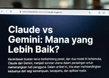 Ilustrasi perbandingan head-to-head Claude dan Gemini dengan diagram radar kemampuan masing-masing AI dan rekomendasi penggunaan terbaik untuk berbagai kebutuhan
