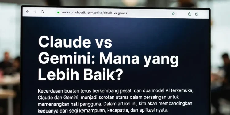 Ilustrasi perbandingan head-to-head Claude dan Gemini dengan diagram radar kemampuan masing-masing AI dan rekomendasi penggunaan terbaik untuk berbagai kebutuhan