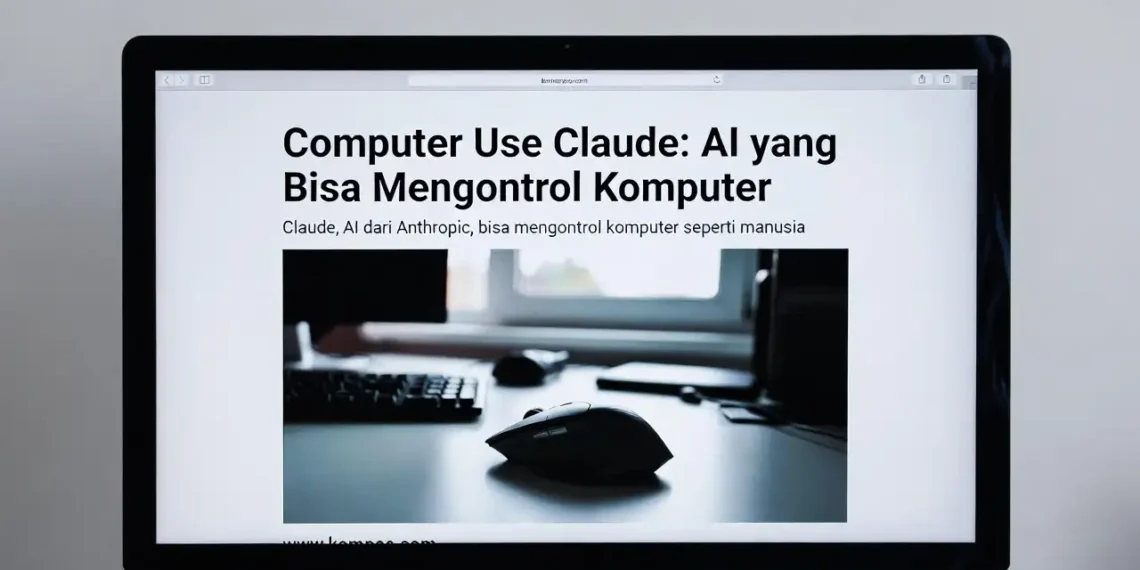 Ilustrasi fitur Computer Use Claude dengan tampilan AI yang mengontrol kursor, mengklik tombol, dan mengoperasikan aplikasi di komputer secara otonom