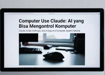 Ilustrasi fitur Computer Use Claude dengan tampilan AI yang mengontrol kursor, mengklik tombol, dan mengoperasikan aplikasi di komputer secara otonom