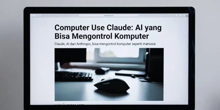 Ilustrasi fitur Computer Use Claude dengan tampilan AI yang mengontrol kursor, mengklik tombol, dan mengoperasikan aplikasi di komputer secara otonom