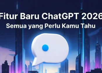 Ilustrasi rangkuman fitur baru ChatGPT di tahun 2026 dengan tampilan timeline update, ikon fitur terbaru, dan visual antarmuka yang diperbarui