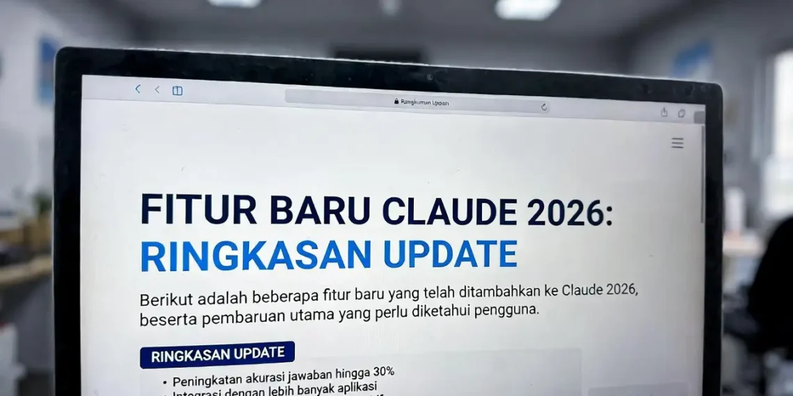 Ilustrasi rangkuman update Claude di tahun 2026 dengan timeline fitur baru, ikon pembaruan, dan visual perubahan antarmuka yang dirilis sepanjang tahun