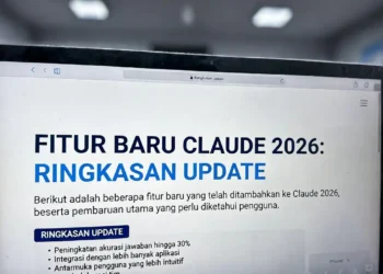 Ilustrasi rangkuman update Claude di tahun 2026 dengan timeline fitur baru, ikon pembaruan, dan visual perubahan antarmuka yang dirilis sepanjang tahun