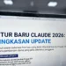 Ilustrasi rangkuman update Claude di tahun 2026 dengan timeline fitur baru, ikon pembaruan, dan visual perubahan antarmuka yang dirilis sepanjang tahun