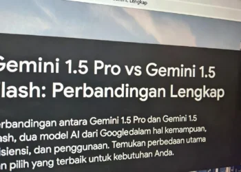 Ilustrasi perbandingan dua model Gemini yaitu 1.5 Pro dan 1.5 Flash dengan diagram kecepatan, kapabilitas, dan skenario penggunaan terbaik masing-masing
