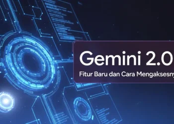 Ilustrasi peluncuran Gemini 2.0 dengan tampilan antarmuka terbaru, ikon fitur baru, dan visual upgrade teknologi AI Google yang lebih canggih
