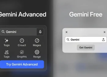 Ilustrasi perbandingan dua versi Gemini yaitu Advanced dan Free dengan tabel fitur dan perbedaan kemampuan masing-masing secara visual